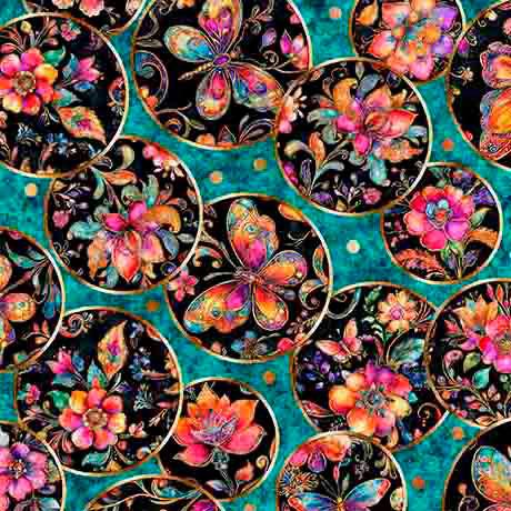 Fluttering_Gardens-Butterfly_Medallions_Dark_Turquoise_2600-31730-Q_Cotton_Fabric
